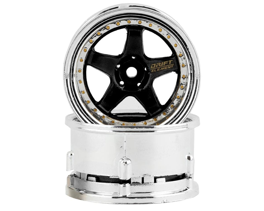 DS Racing Drift Element 5 Spoke Drift Wheels (Black & Chrome w/Gold Rivets) (2)