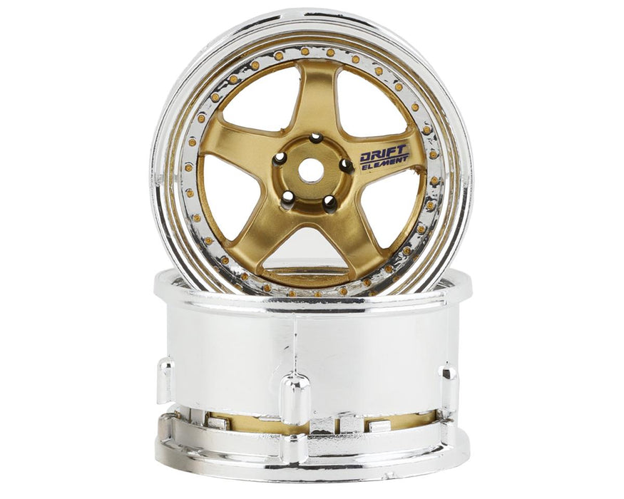 DS Racing Drift Element 5 Spoke Drift Wheels (Gold & Chrome w/Gold Rivets) (2)