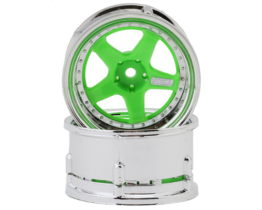 DS Racing Drift Element 5 Spoke Drift Wheels (Flu Green/Chrome Lip & Rivets)
