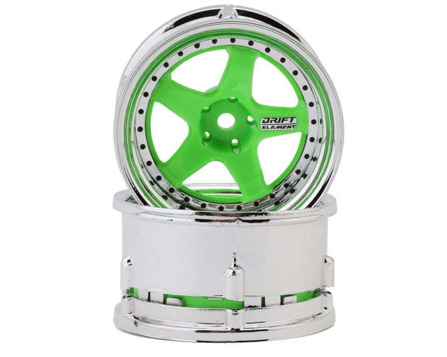 DS Racing Drift Element 5 Spoke Drift Wheels (Flu Green/Chrome Lip/Black Rivet)