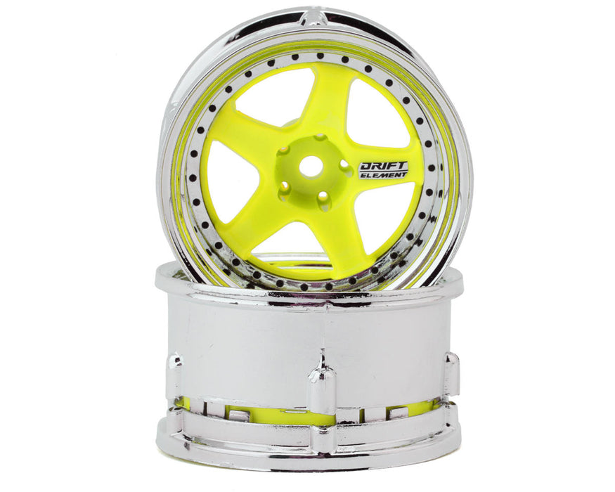 DS Racing Drift Element 5 Spoke Drift Wheels (Flu Yellow/Chrome Lip/Black Rivet)