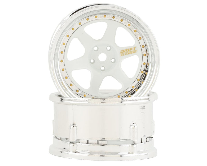 DS Racing Drift Element 6 Spoke Drift Wheels (White & Chrome w/Gold Rivets) (2)