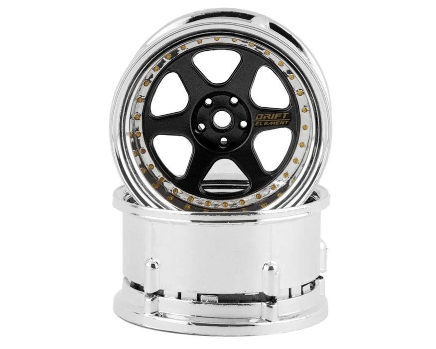 DS Racing Drift Element 6 Spoke Drift Wheels (Black & Chrome w/Gold Rivets) (2)