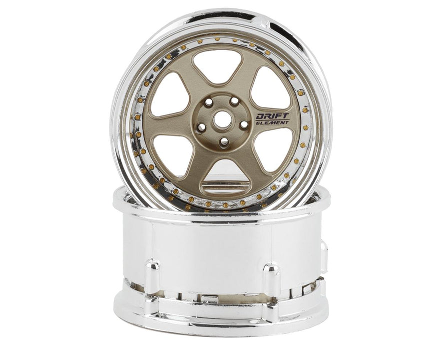 DS Racing Drift Element 6 Spoke Drift Wheels (Gold & Chrome w/Gold Rivets) (2)