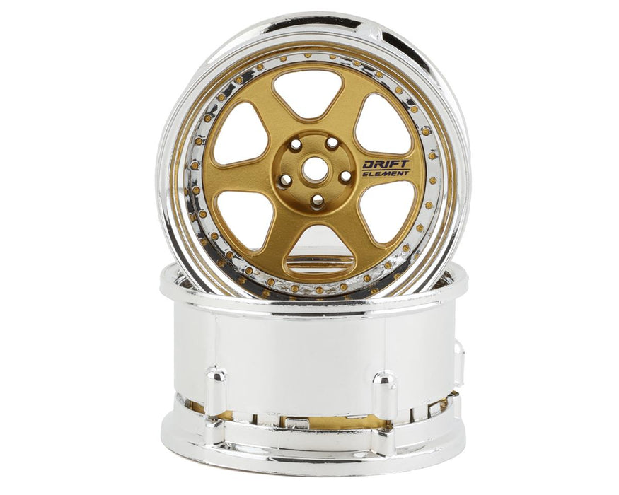 DS Racing Drift Element 6 Spoke Drift Wheels (Gold & Chrome w/Gold Rivets) (2)