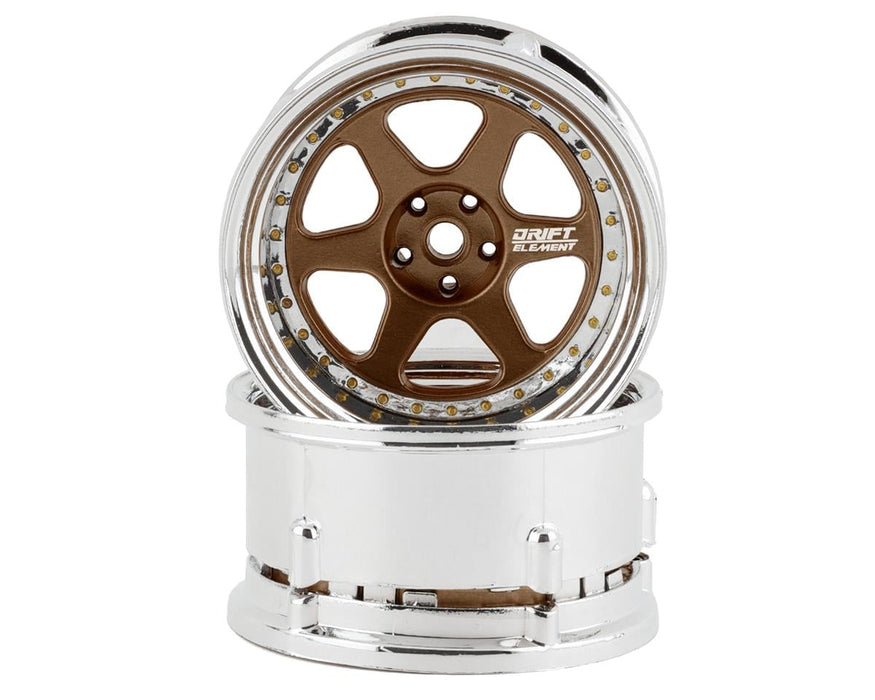 DS Racing Drift Element 6 Spoke Drift Wheels (Bronze & Chrome w/Gold Rivets) (2)