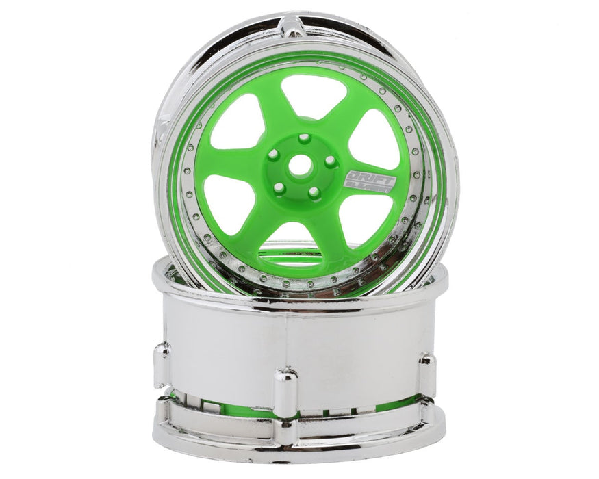 DS Racing Drift Element 6 Spoke Drift Wheels (Flu Green/Chrome Lip & Rivets)