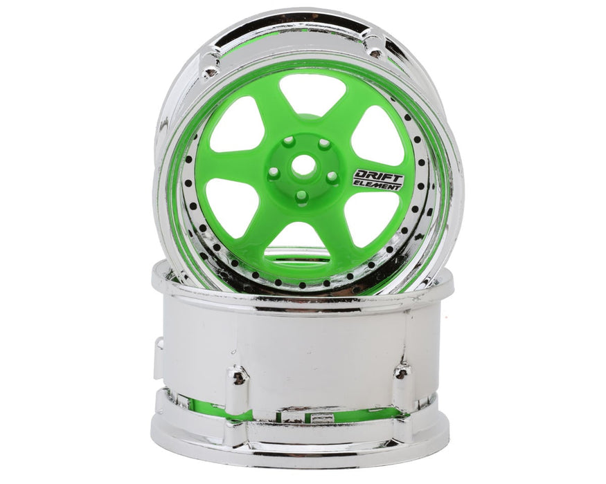 DS Racing Drift Element 6 Spoke Drift Wheels (Flu Green/Chrome Lip/Black Rivet)