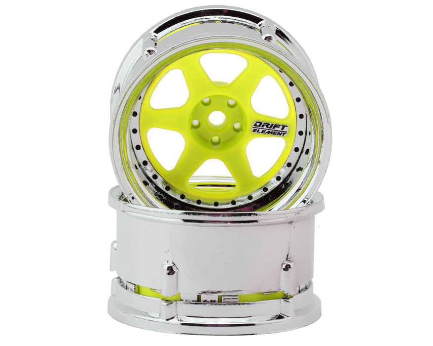 DS Racing Drift Element 6 Spoke Drift Wheels (Flu Yellow/Chrome Lip/Black Rivet)