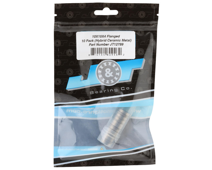 J&T Bearing Co. 10x15x4mm Hybrid Ceramic Flanged Ball Bearings (Metal-Shielded)