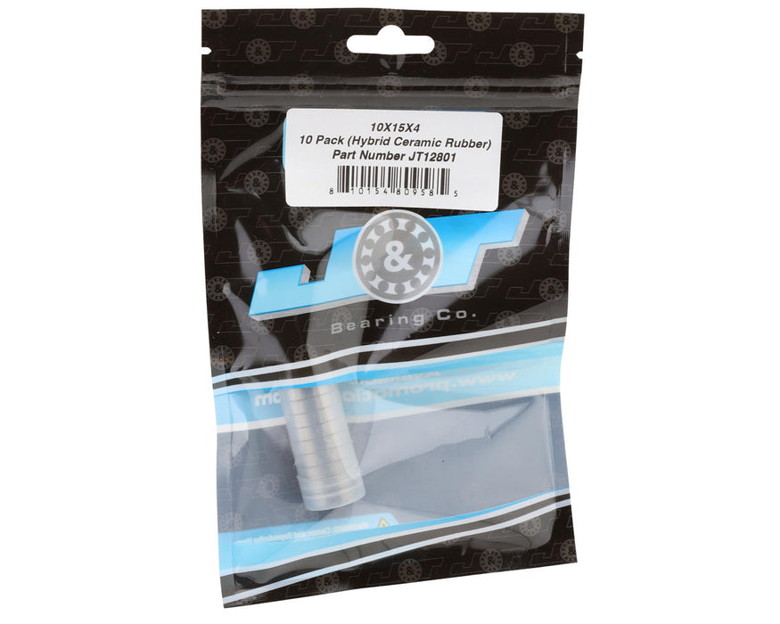 J&T Bearing Co. 10x15x4mm Hybrid Ceramic Ball Bearings (Rubber-Shielded) (10)