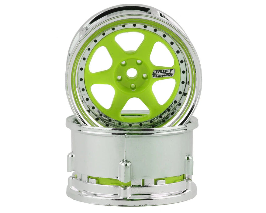 DS Racing Drift Element 6 Spoke Drift Wheel (Green Face/Chrome Lip/Black Rivets) (Adjustable Offset) w/12mm Hex