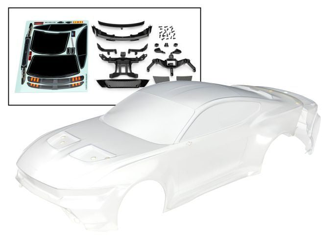 Traxxas Body, Ford Mustang (clear, trimmed, requires painting)/ decal sheet (includes side mirrors, spoiler, grilles, vents, hardware, & clipless mounting)