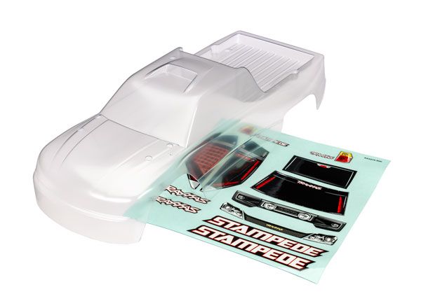 Traxxas Body, Stampede (also fits Stampede VXL) (clear, requires painting)/ window, lights, grille decal sheet (for clipless mounting)