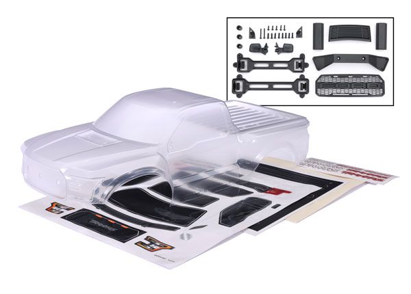 Traxxas Body, 2017 Ford Raptor®, heavy duty (clear, requires painting)/decals (includes latches and latch mounts for clipless mounting)