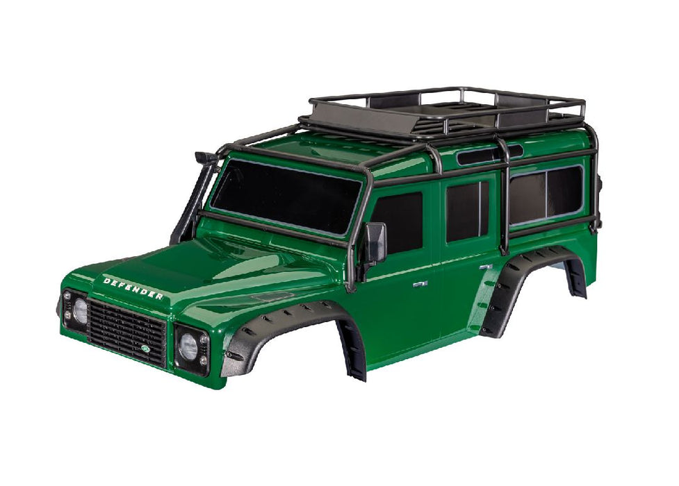 Traxxas Body, Land Rover Defender, green (complete with ExoCage, fuel canisters, jack, spare tire mount & clipless mounting)