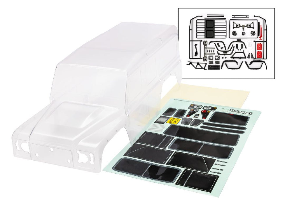 Traxxas Body, Land Rover Defender, complete (clear, trimmed, requires painting) (includes grille, side mirrors, door handles, windshield wipers, ExoCage, spare tire mount, decals, window masks, clipless mounting, hardware)