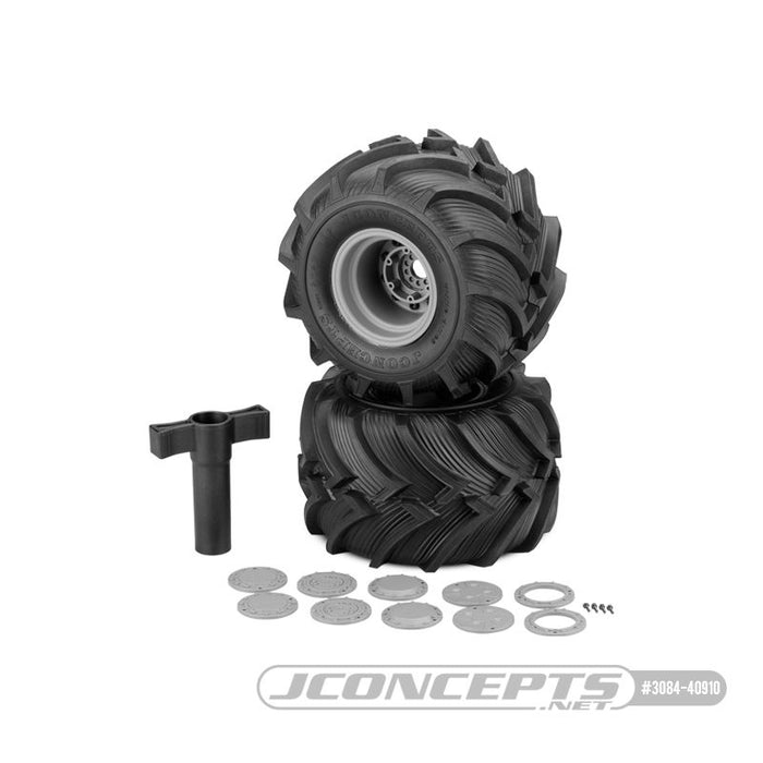 JConcepts - Fling Kings - 2.6 x 3.8 Yellow Compound, Pre-mounted on Silver #3423S Wheels (Fits Traxxas E-Revo, Arrma Kraton)