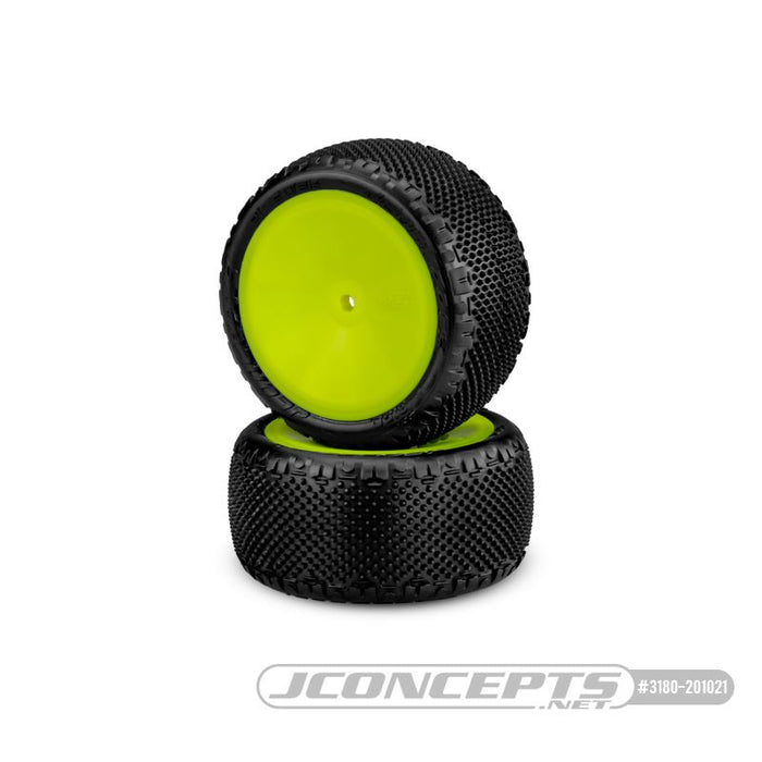 JConcepts Pin Swag - Pink Compound - Pre-Mounted on 3348 Yellow Wheels. Fits – 1/10th Rear 2wd and 4wd Vehicles