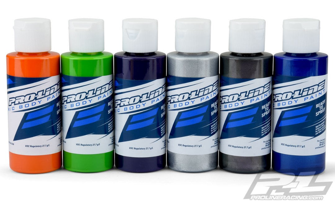 Ensemble de couleurs secondaires de peinture pour carrosserie Pro-Line RC (paquet de 6) - Orange, vert, violet, aluminium, charbon métallique, bleu perle