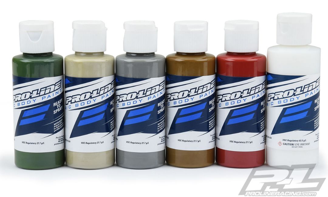 Pro-Line RC Body Paint Ensemble de couleurs militaires (paquet de 6) – Mil Spec Green, Mojave Sand, Primer Grey, Dark Earth, Mars Red Oxide, Matte Clear