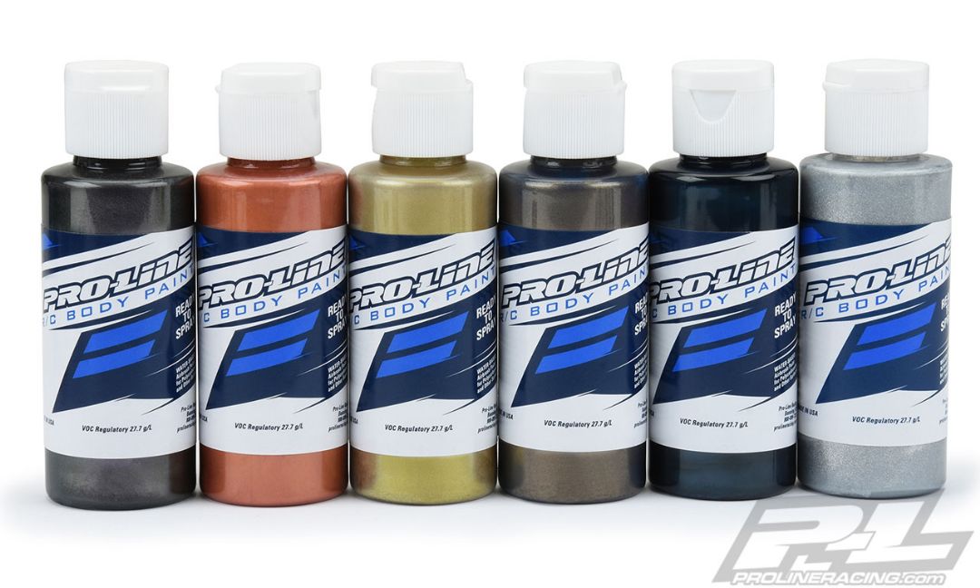 Ensemble de 6 peintures pour carrosserie Pro-Line RC Pure Metal - Charbon métallisé, cuivre métallisé, or métallisé, étain métallisé, bleu profond métallisé, aluminium