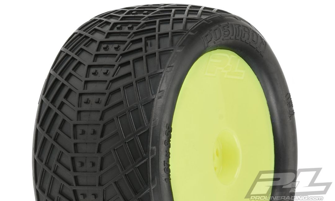 Pneus pour buggy tout-terrain Pro-Line Positron 2,2" MC (argile) montés sur roues arrière jaunes Velocity Hex (2) pour buggy arrière 1/10