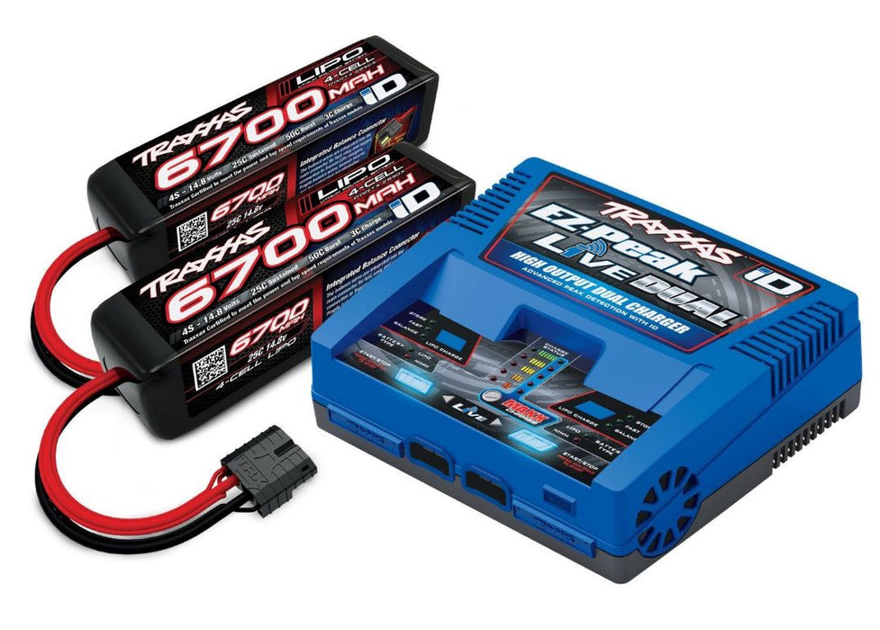 Traxxas EZ-Peak Live Dual Chargeur de batterie multichimie 200 W (TRA2973) avec 2 batteries LiPo 6700 mAh 14,8 V 4 cellules 25C (TRA2890X)