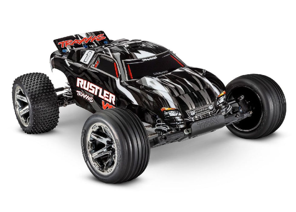 Traxxas Rustler VXL Camion de stade RTR 1/10 sans balais – Noir, transmission Magnum, TSM, TQi, sans batterie/chargeur 