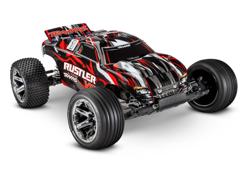 Traxxas Rustler VXL Camion de stade RTR 1/10 sans balais – Rouge, transmission Magnum, TSM, TQi, sans batterie/chargeur 