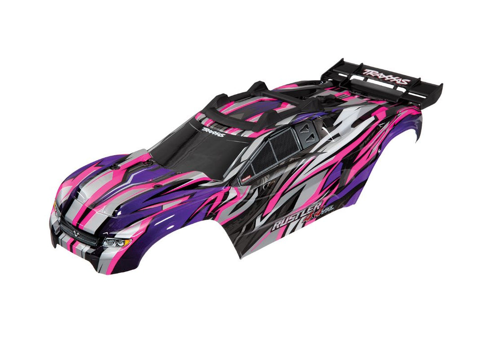 Traxxas Body, Rustler 4X4 VXL, pink/ window, grill, lights decal sheet (assembled with front & rear body mounts and rear body support for clipless mounting)