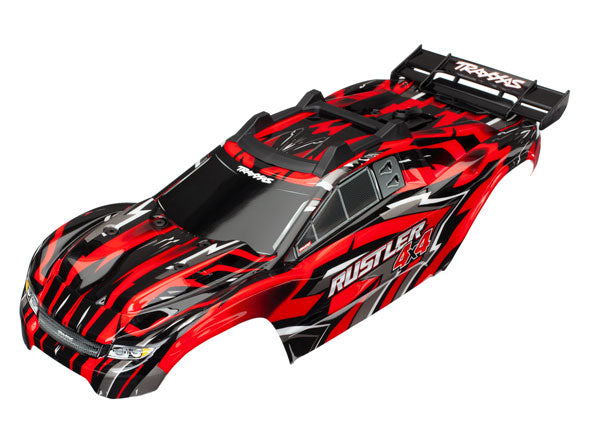 Traxxas Body, Rustler 4X4, red/ window, grill, lights decal sheet (assembled with front & rear body mounts and rear body support for clipless mounting)