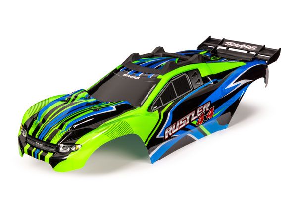 Traxxas Body, Rustler 4X4, Green & Blue/ Window, Grille, Lights Decal Sheet (Assembled With Front & Rear Body Mounts And Rear Body Support For Clipless Mounting)