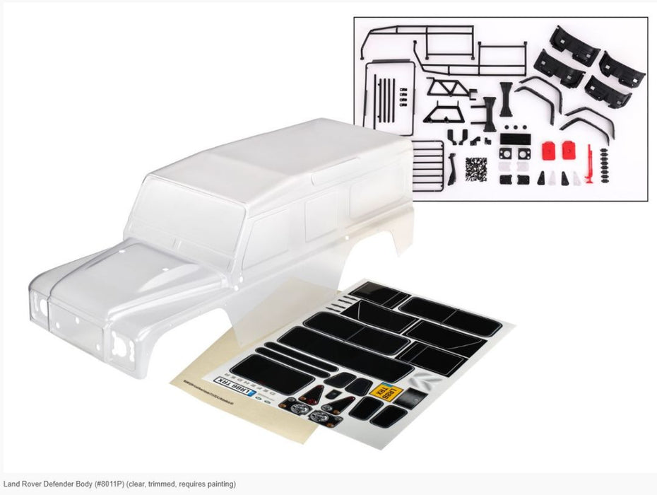 Carrosserie Traxxas, Land Rover Defender, complète (transparente, garnie, nécessite de peindre) (comprend calandre, rétroviseurs latéraux, poignées de porte, essuie-glaces, ExoCage, support de pneu de secours, décalcomanies, masques de fenêtre)