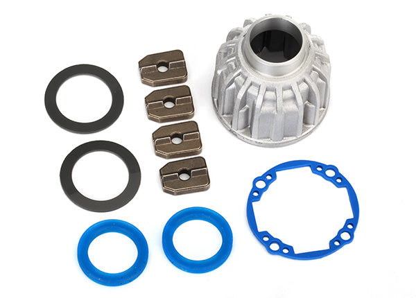 Traxxas Support, différentiel, aluminium (avant ou centre)/ joints X-ring (2), joint de couronne dentée/ 14,5x20 TW (2)/ bagues araignée (4)