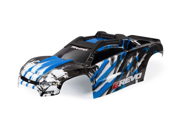 Traxxas Body, E-Revo, Blue/ window, grill, lights decal sheet (assembled with front & rear body mounts and rear body support for clipless mounting)