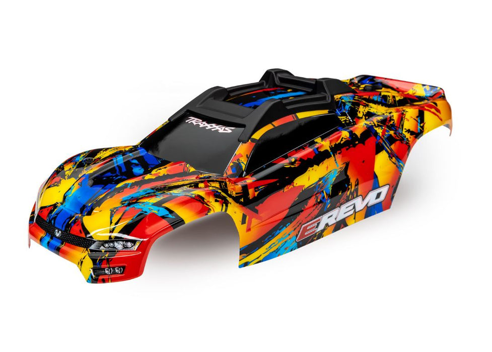 Traxxas Body, E-Revo, Solar Flare (painted, decals applied) (assembled with front & rear body mounts and rear body support for clipless mounting)