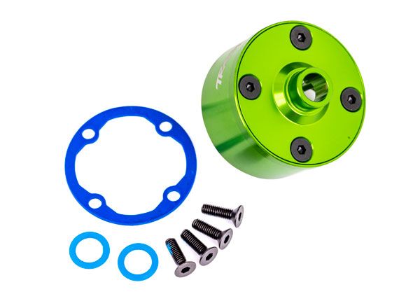 Support Traxxas, différentiel (aluminium, anodisé vert)/douille de différentiel/joint de couronne/CCS 3x10mm (4)