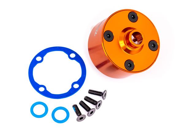 Support Traxxas, différentiel (aluminium, anodisé orange)/douille de différentiel/joint de couronne dentée/CCS 3x10mm (4)