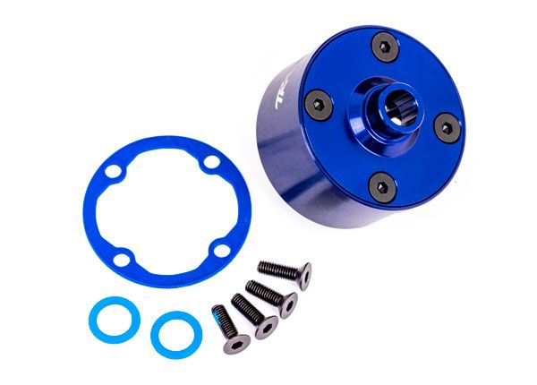 Support Traxxas, différentiel (aluminium, anodisé bleu)/douille de différentiel/joint de couronne dentée/CCS 3x10mm (4)