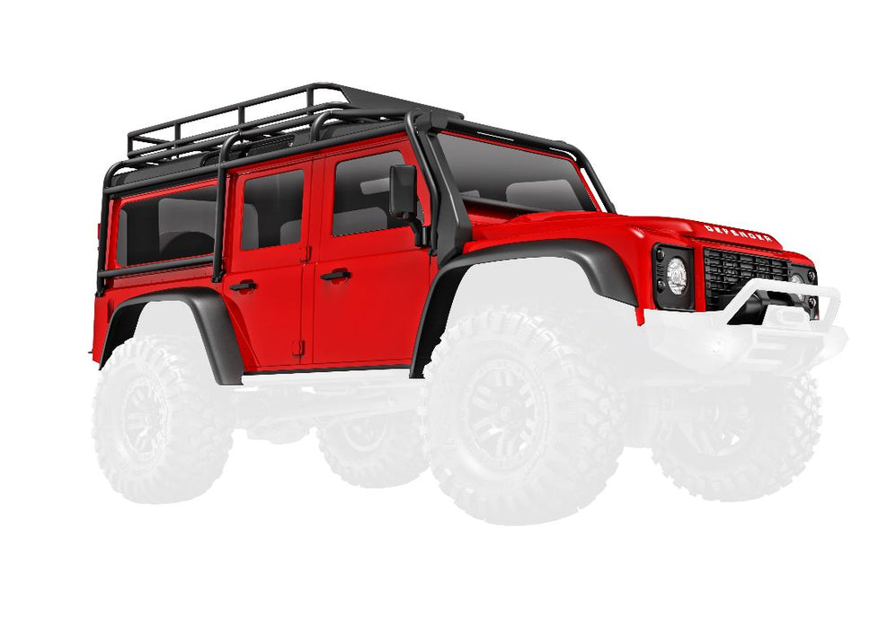 Traxxas Body, Land Rover Defender, Complete, Red  (Includes Grille, Side Mirrors, Door Handles, Fender Flares, Fuel Canisters, Jack, Spare Tire Mount, & Clipless Mounting) (Requires #9734 Front & Rear Bumpers)